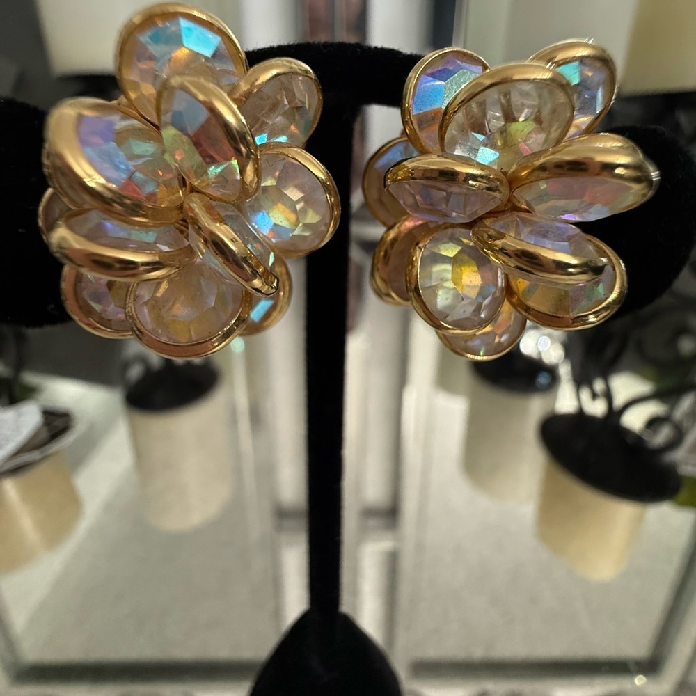 Aurora Borealis Vintage Clip-On Swarovski Crystal Cluster Earrings